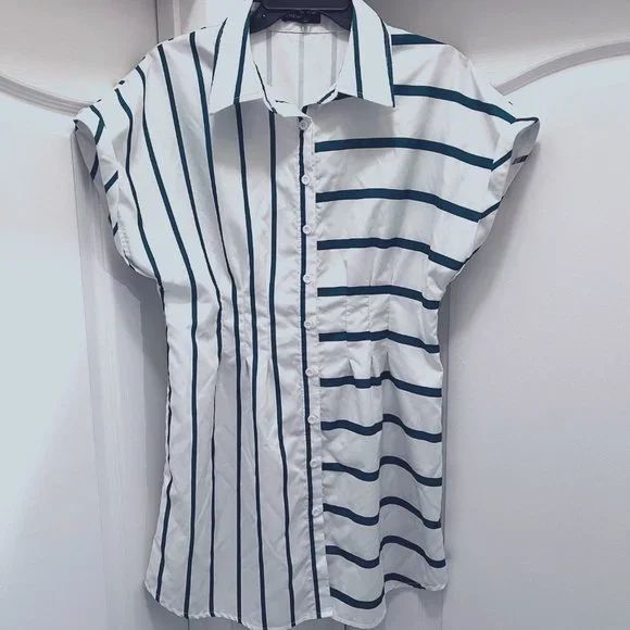 SHEIN | Dresses | Shein Mini Collared Dressgreen Stripeswhitebutton Up  Frontsize Largeirish | Poshmark
